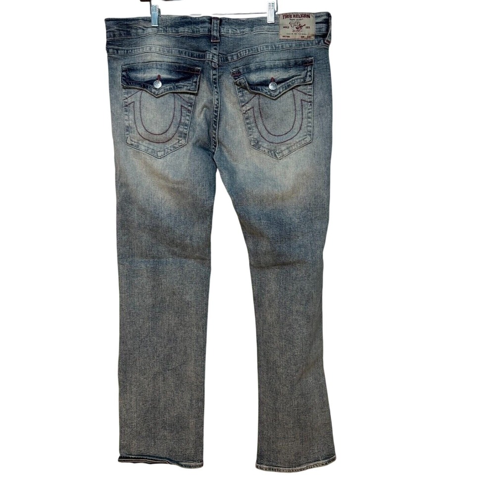 True Religion Ricky Relaxed Straight Jeans Mens 40x35 Blue Pink Stitch Distresed